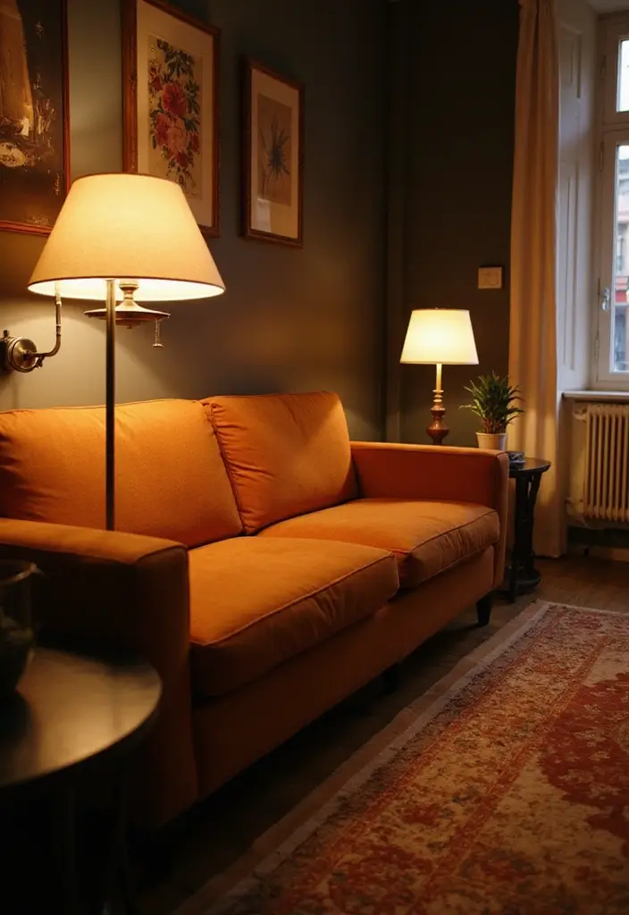 28 Cognac Couch Living Room Ideas That Feel Warm and Modern - 6. Warm Lighting Fixtures