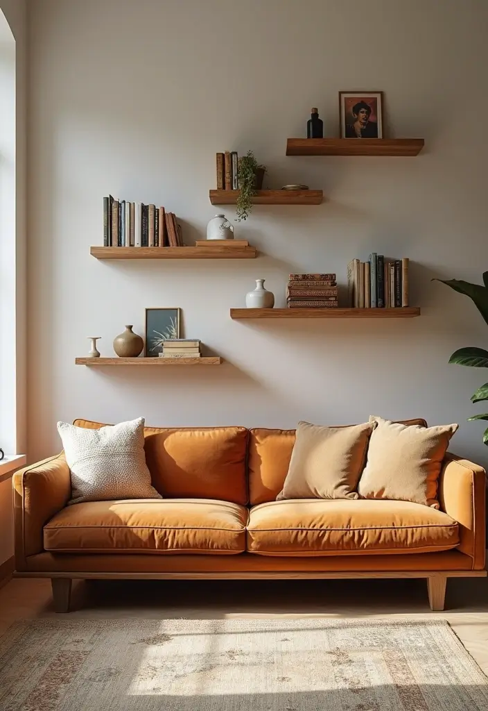 28 Cognac Couch Living Room Ideas That Feel Warm and Modern - 7. Unique Shelving Solutions