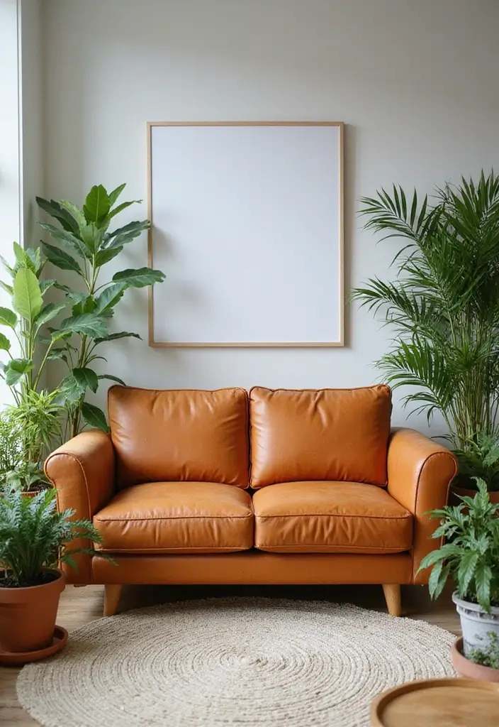 28 Cognac Couch Living Room Ideas That Feel Warm and Modern - 9. Trendy Greenery