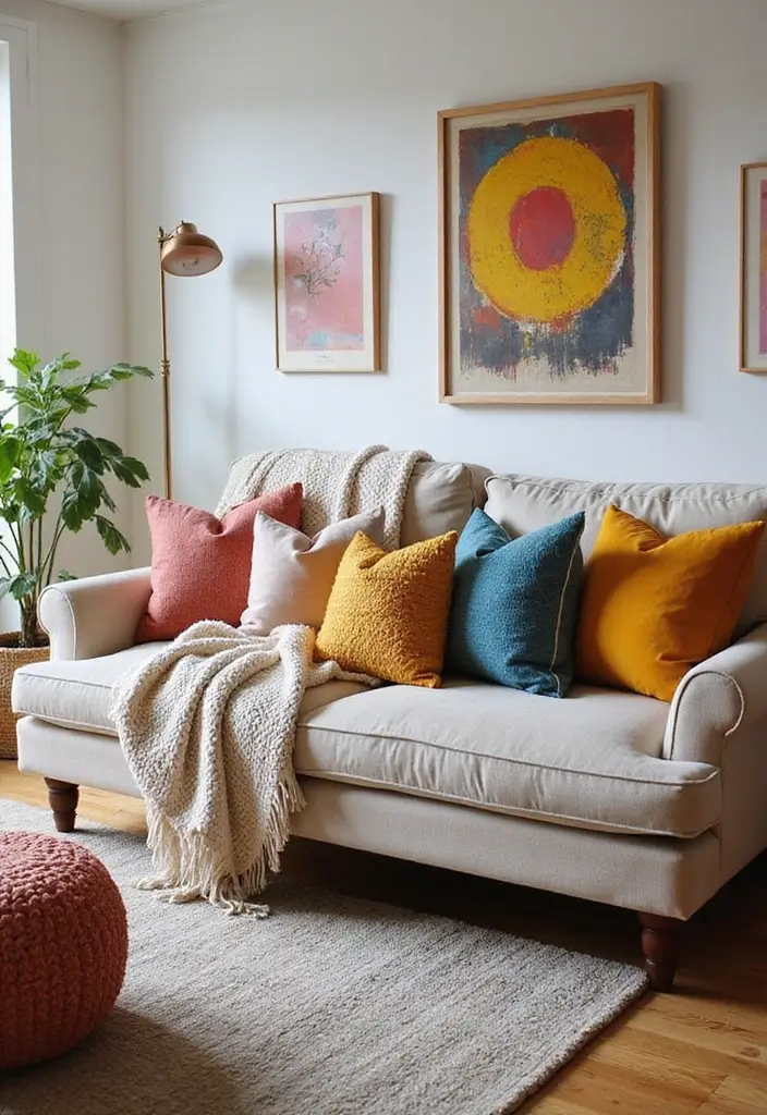 28 Country Modern Living Room Ideas That Blend Rustic and Sleek - 26. Multicolored Accent Pillows