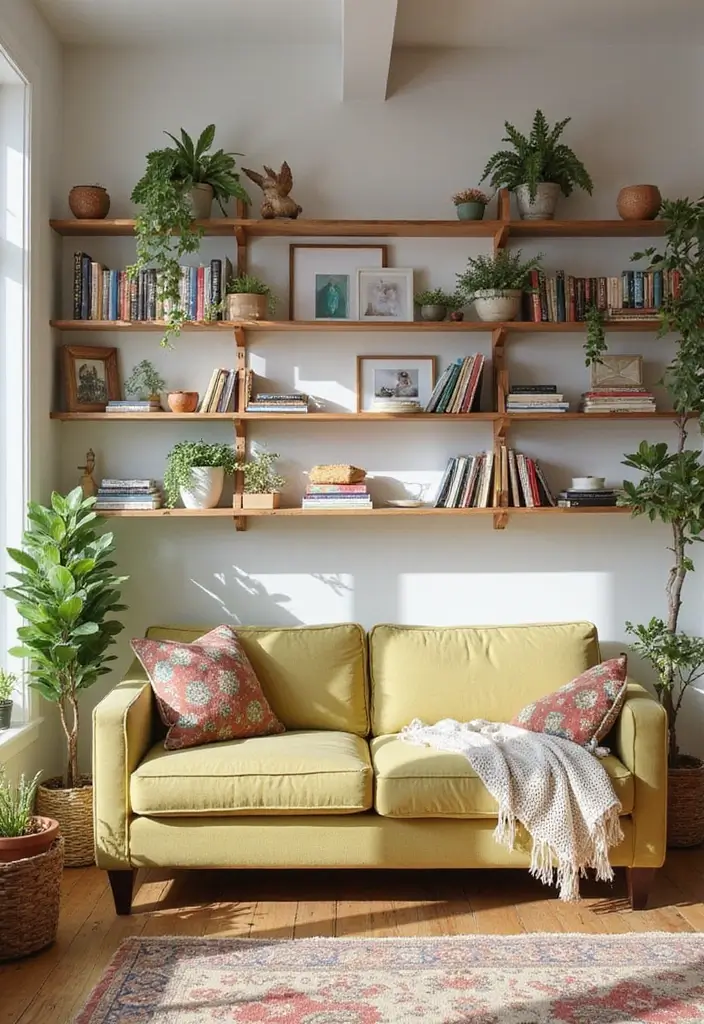 28 Country Modern Living Room Ideas That Blend Rustic and Sleek - 6. Open Shelving Displays