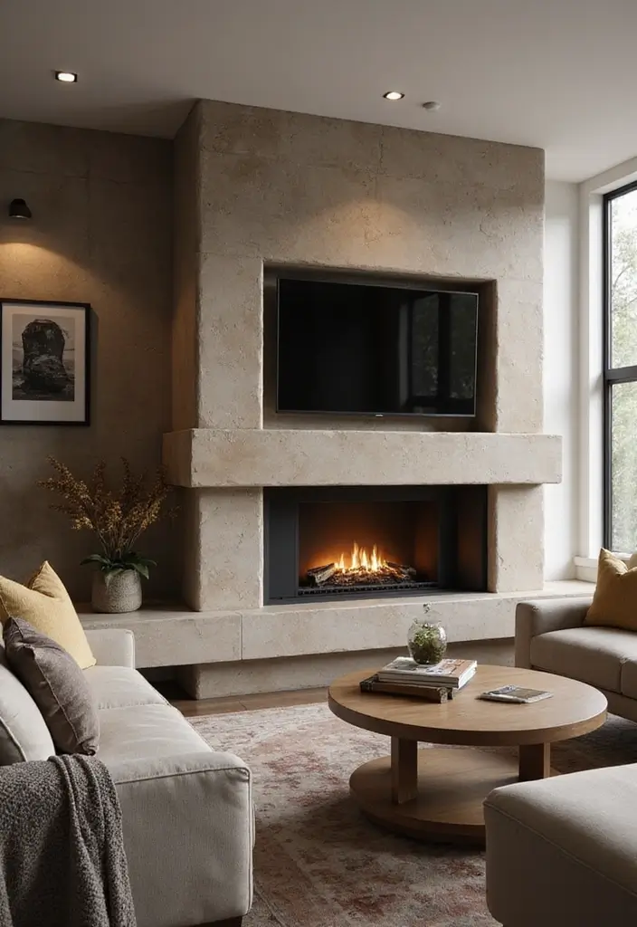 28 Country Modern Living Room Ideas That Blend Rustic and Sleek - 9. Cozy Fireplace Feature