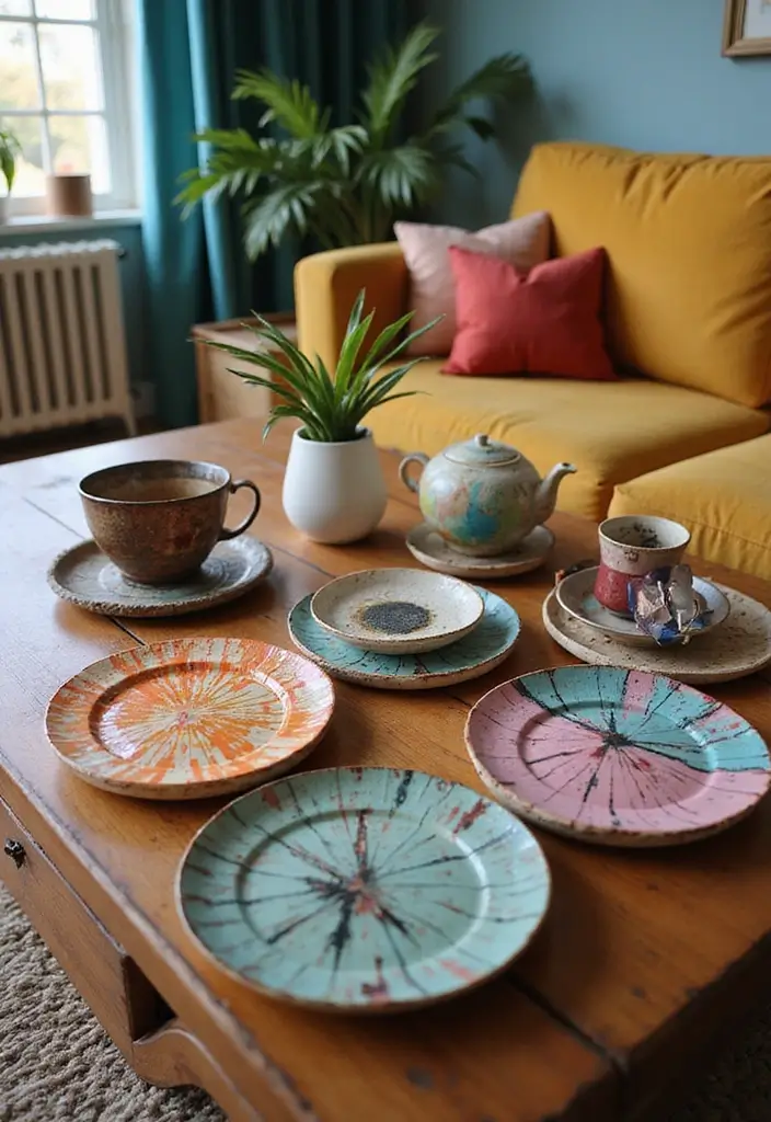 28 Funky Living Room Ideas That Add Character and Fun - 10. Artistic Coasters and Tableware