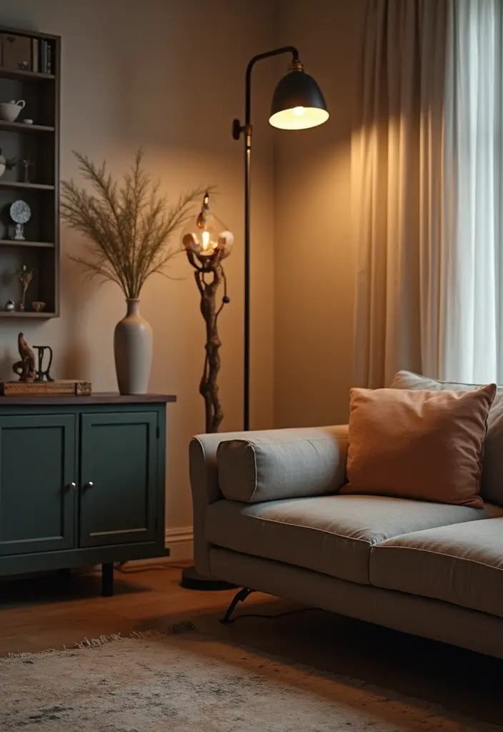 28 Living Room Floor Lamp Ideas That Add Light and Personality - 12. Industrial Styles