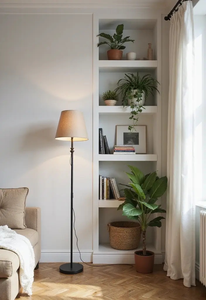 28 Living Room Floor Lamp Ideas That Add Light and Personality - 16. Floor Lamps with Shelves