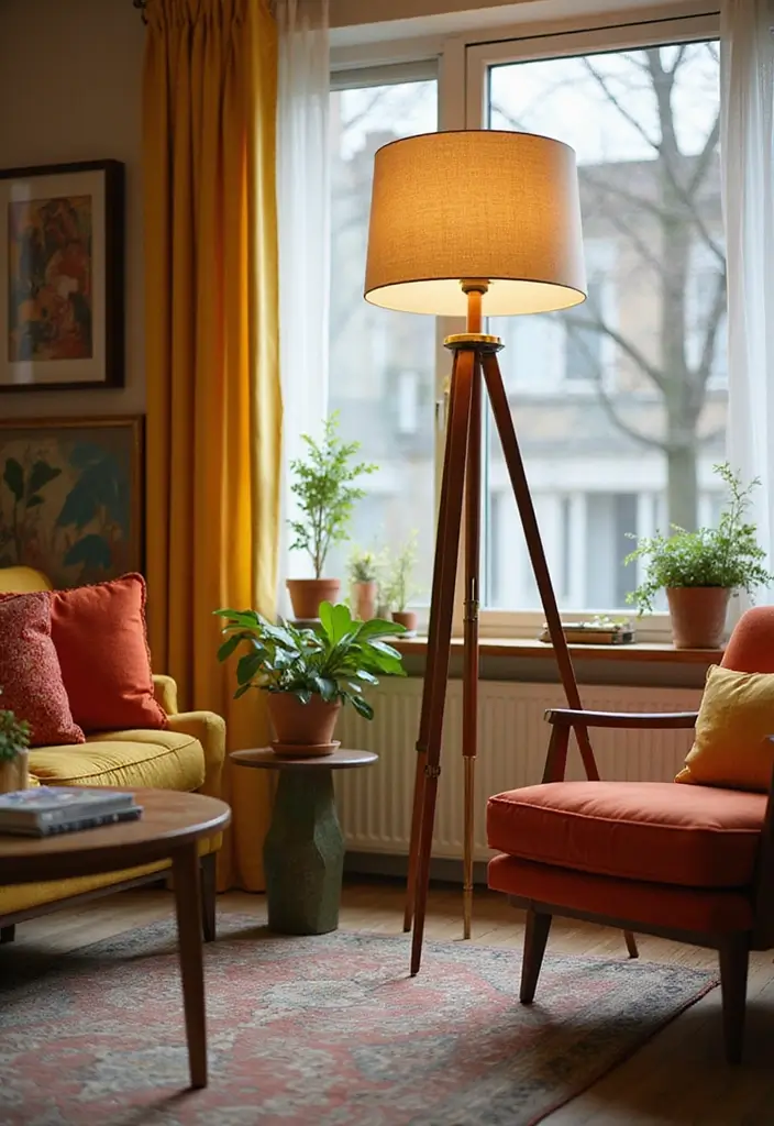 28 Living Room Floor Lamp Ideas That Add Light and Personality - 20. Retro Revival