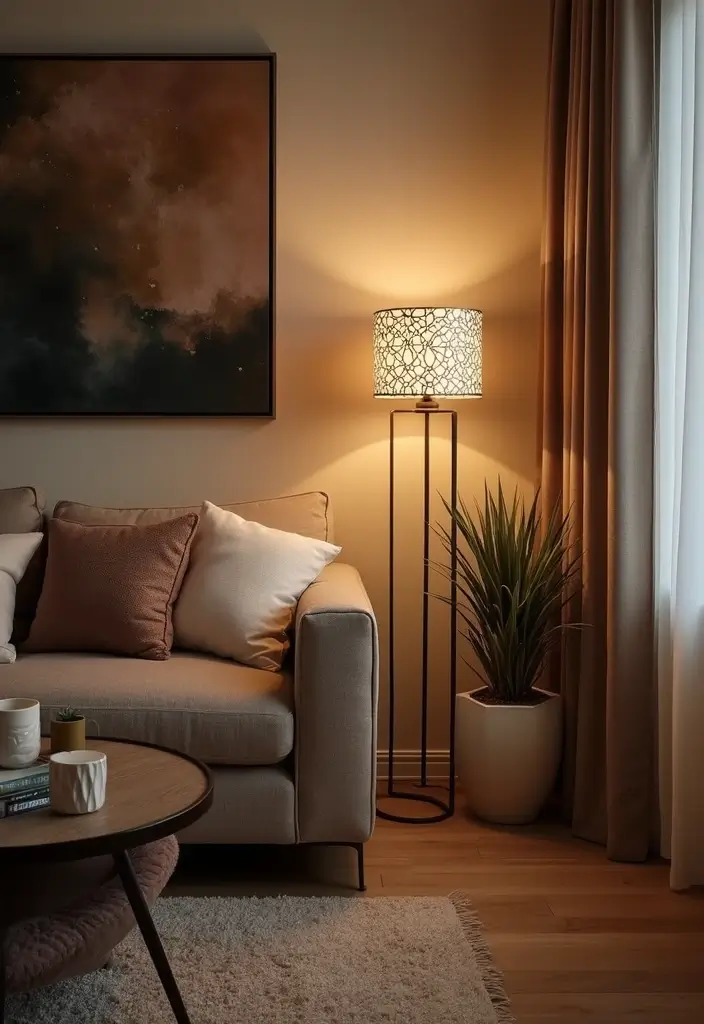 28 Living Room Floor Lamp Ideas That Add Light and Personality - 21. Geometric Patterns