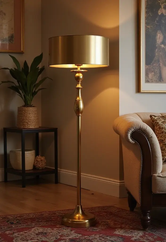 28 Living Room Floor Lamp Ideas That Add Light and Personality - 23. Warm Metallics