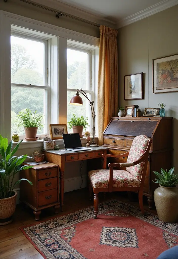 28 Living Room Office Ideas That Combine Work and Comfort - 17. Vintage Finds