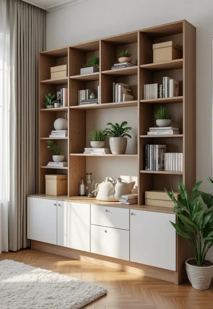 28 Living Room Office Ideas That Combine Work and Comfort - 6. Vertical Storage Solutions