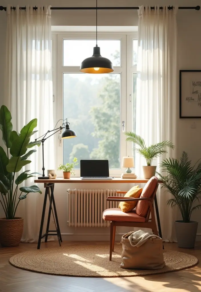 28 Living Room Office Ideas That Combine Work and Comfort - 9. Bright Lighting Options