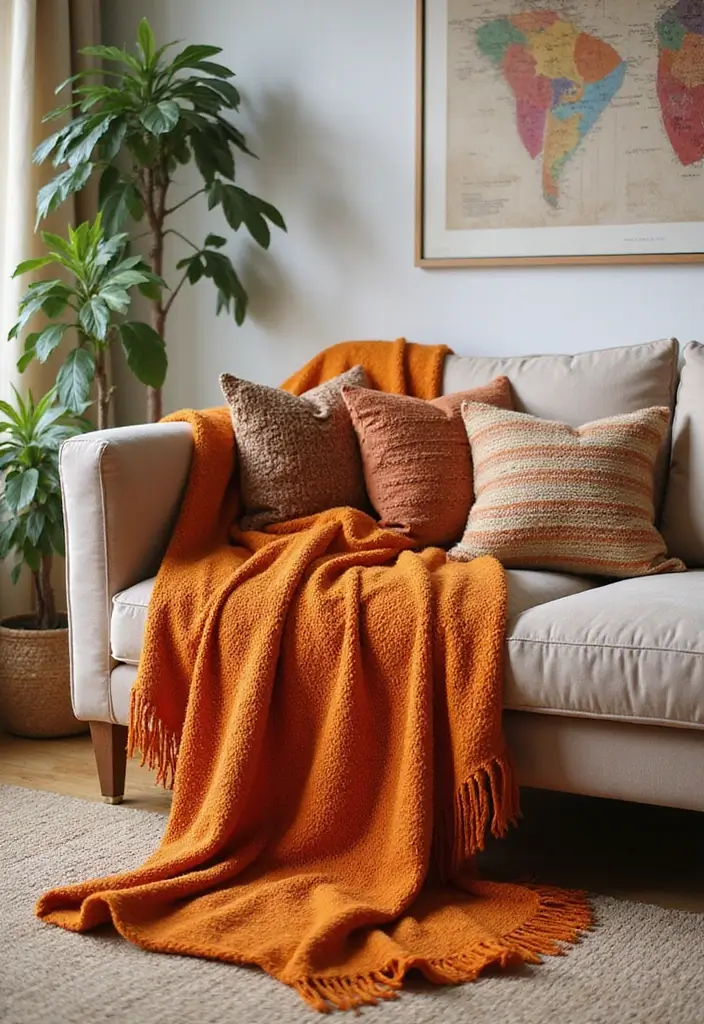 28 Living Room Orange Accents That Add Warmth and Energy - 1. Cozy Orange Throw Blankets
