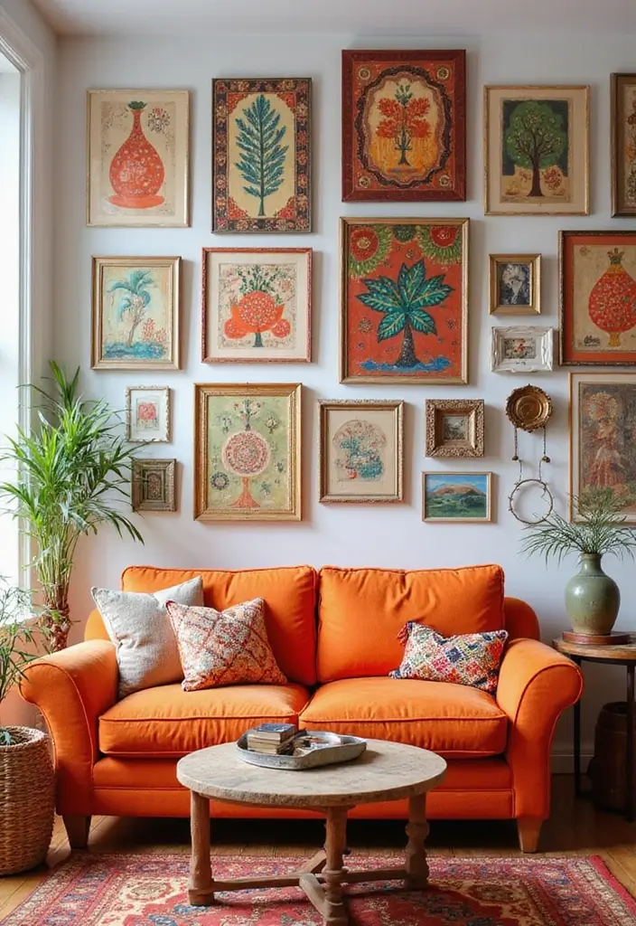 28 Living Room Orange Accents That Add Warmth and Energy - 10. Colorful Orange Wall Art