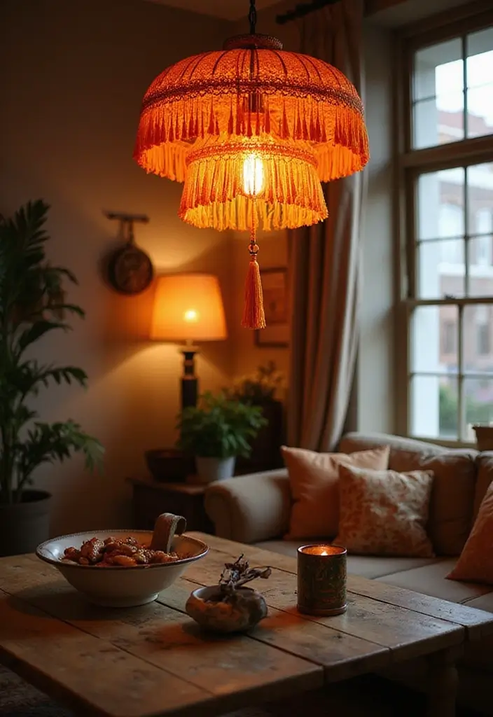 28 Living Room Orange Accents That Add Warmth and Energy - 11. Eclectic Orange Lighting