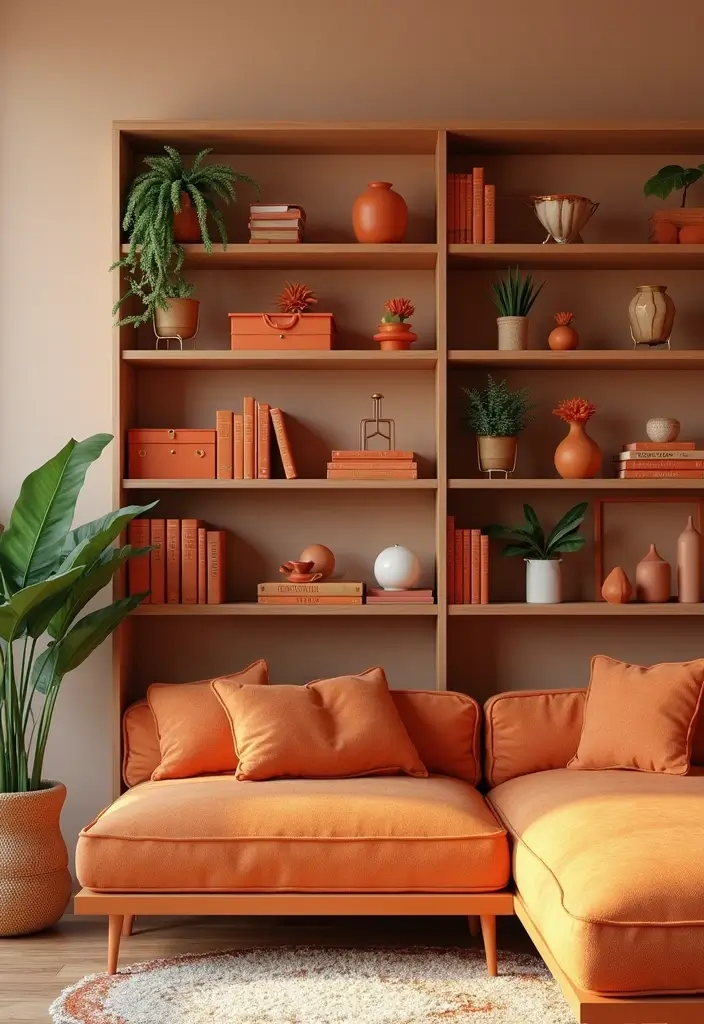 28 Living Room Orange Accents That Add Warmth and Energy - 12. Orange Themed Bookshelves