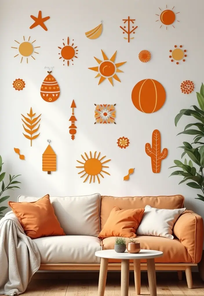 28 Living Room Orange Accents That Add Warmth and Energy - 13. Playful Orange Wall Stickers