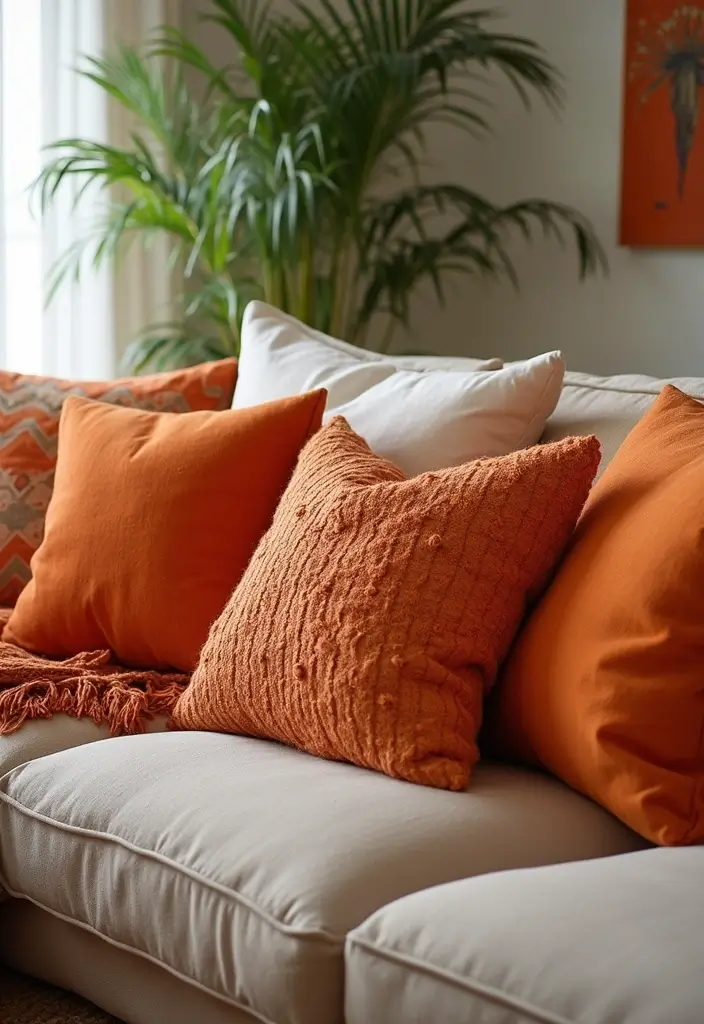 28 Living Room Orange Accents That Add Warmth and Energy - 14. Orange Throw Pillows with Unique Textures
