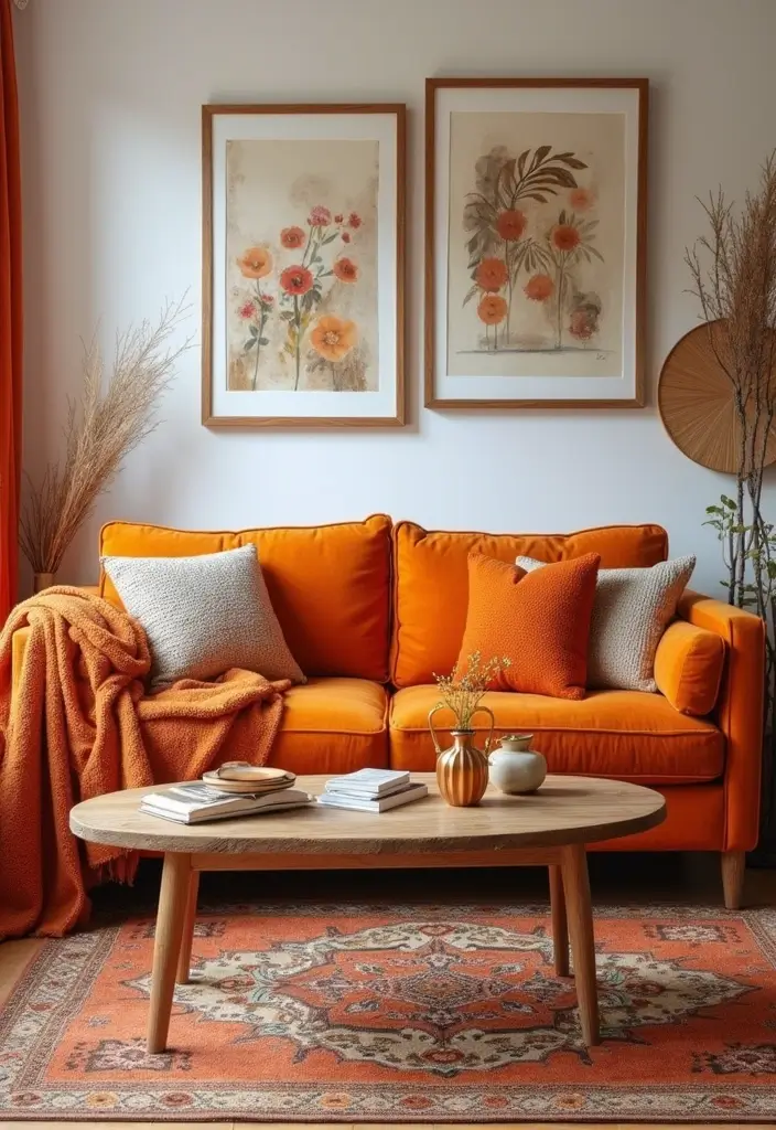 28 Living Room Orange Accents That Add Warmth and Energy - 15. Orange Accented Furniture