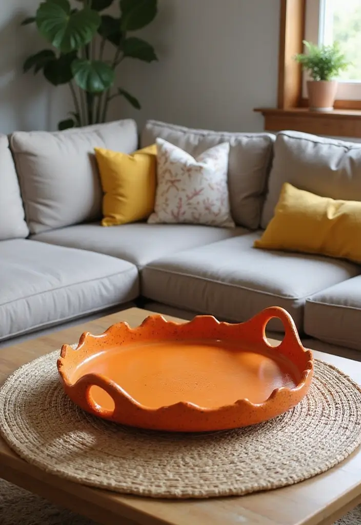 28 Living Room Orange Accents That Add Warmth and Energy - 16. Orange Decorative Trays