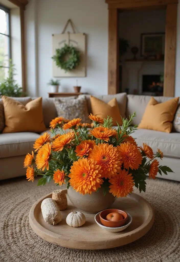 28 Living Room Orange Accents That Add Warmth and Energy - 17. Creative Orange Centerpieces