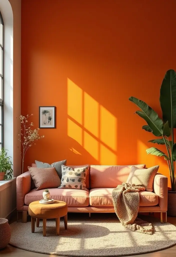 28 Living Room Orange Accents That Add Warmth and Energy - 19. Orange Accent Walls
