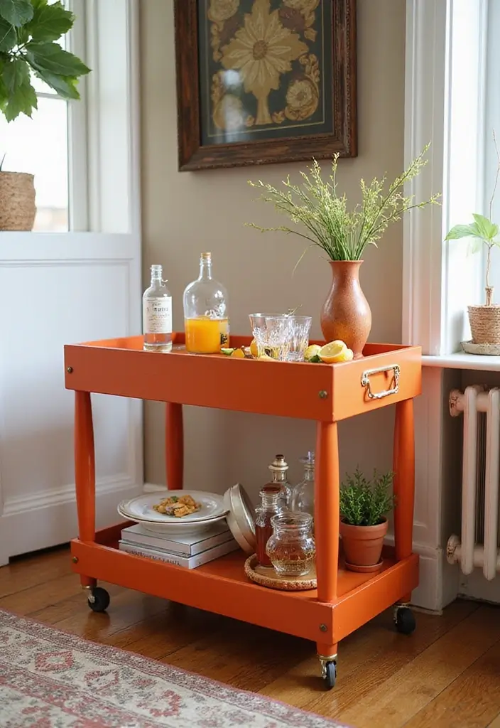 28 Living Room Orange Accents That Add Warmth and Energy - 20. Orange Serving Carts
