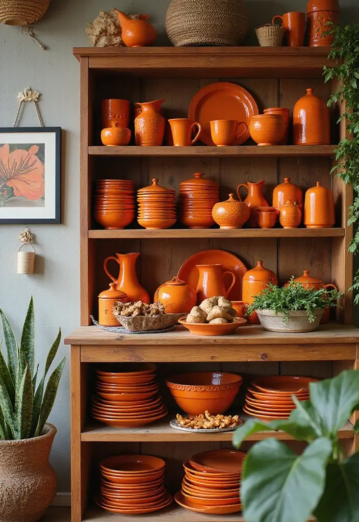 28 Living Room Orange Accents That Add Warmth and Energy - 21. Orange Pottery and Ceramics