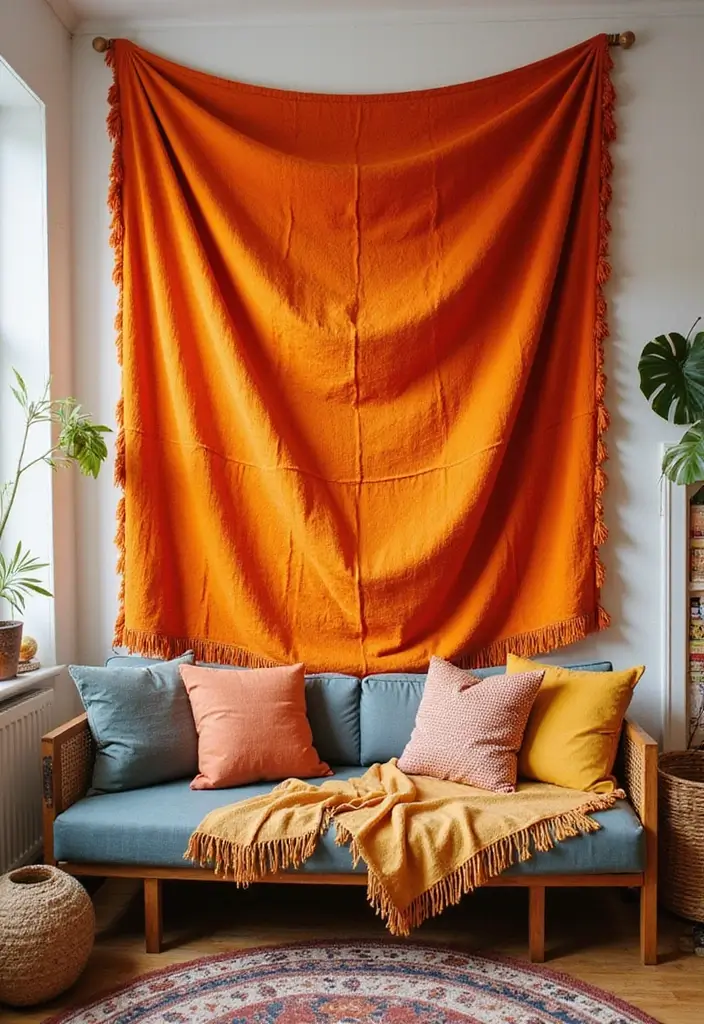 28 Living Room Orange Accents That Add Warmth and Energy - 22. Energetic Orange Fabric Wall Hangings