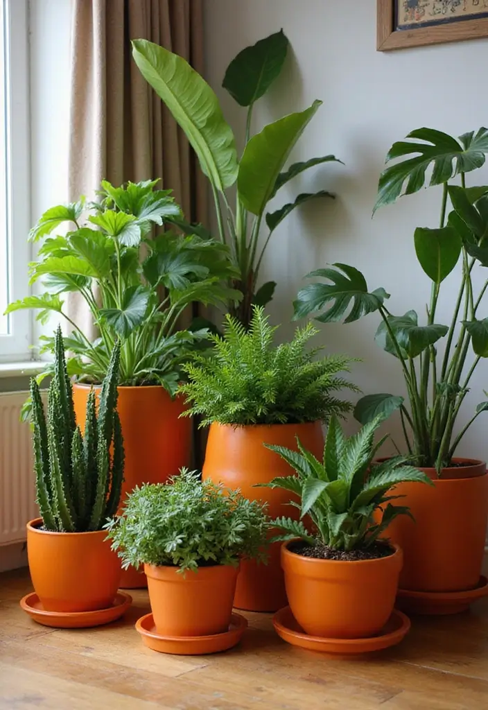 28 Living Room Orange Accents That Add Warmth and Energy - 25. Orange Plants and Planters
