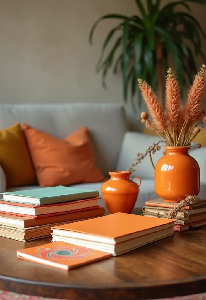 28 Living Room Orange Accents That Add Warmth and Energy - 26. Orange Accented Stationery and Curios