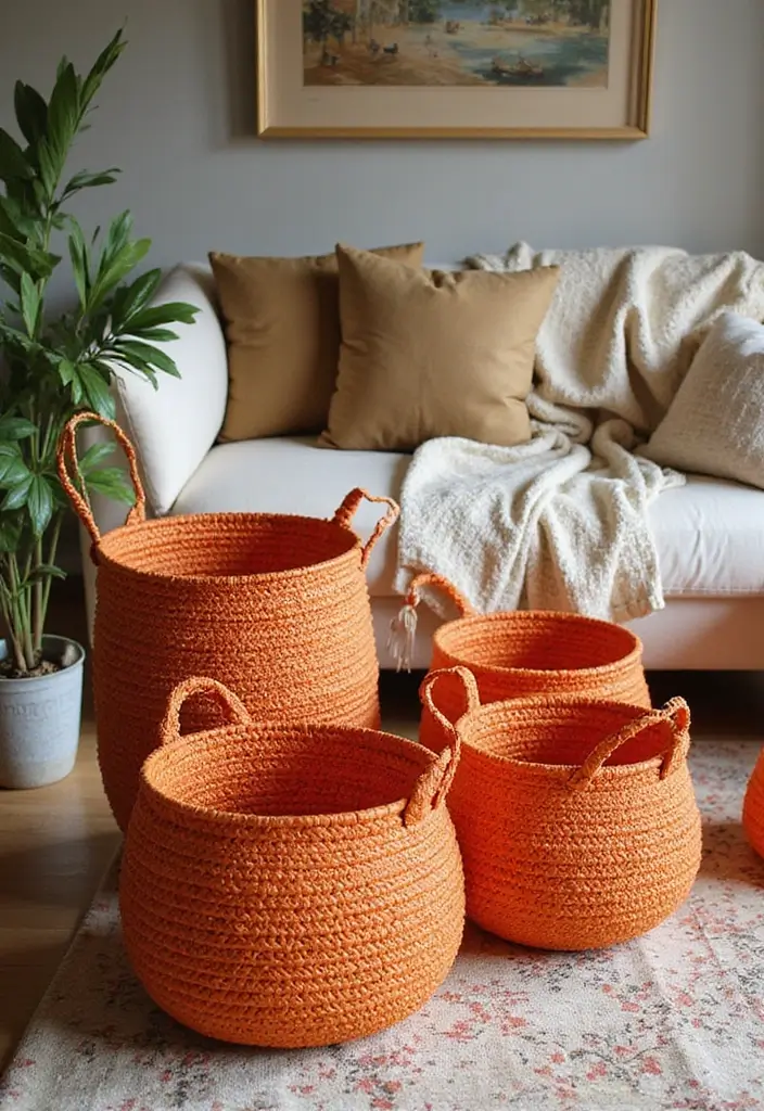 28 Living Room Orange Accents That Add Warmth and Energy - 27. Charming Orange Baskets