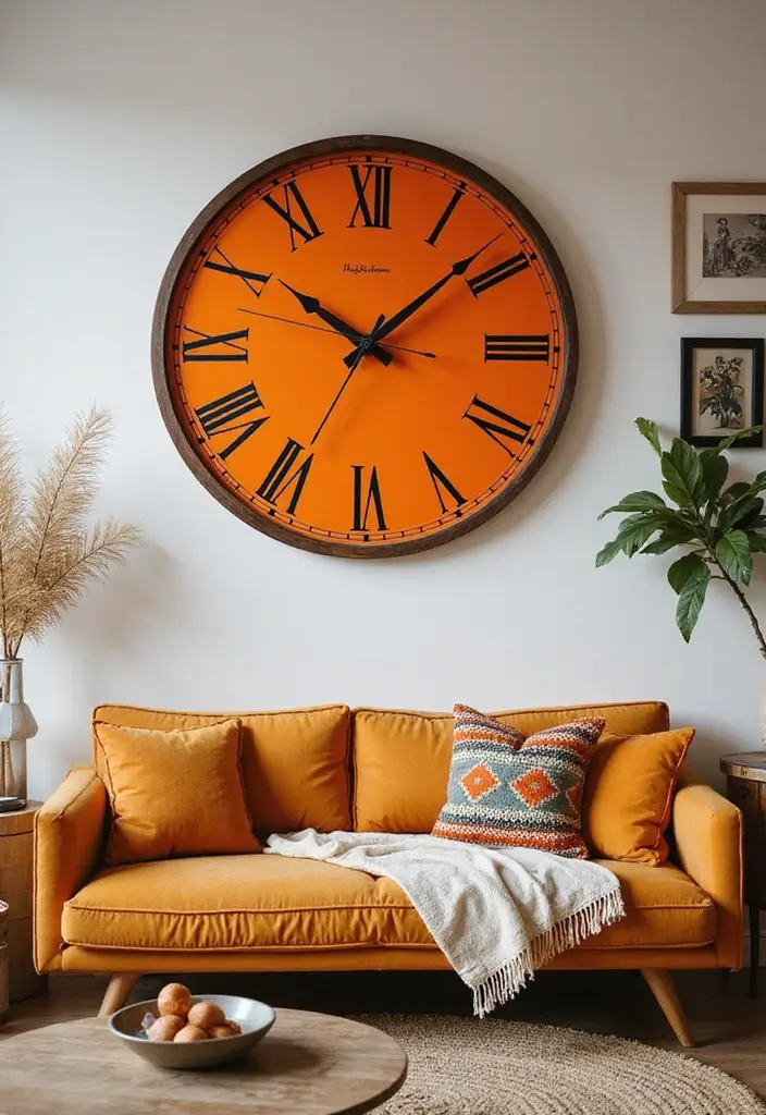28 Living Room Orange Accents That Add Warmth and Energy - 28. Elegant Orange Decorative Clocks
