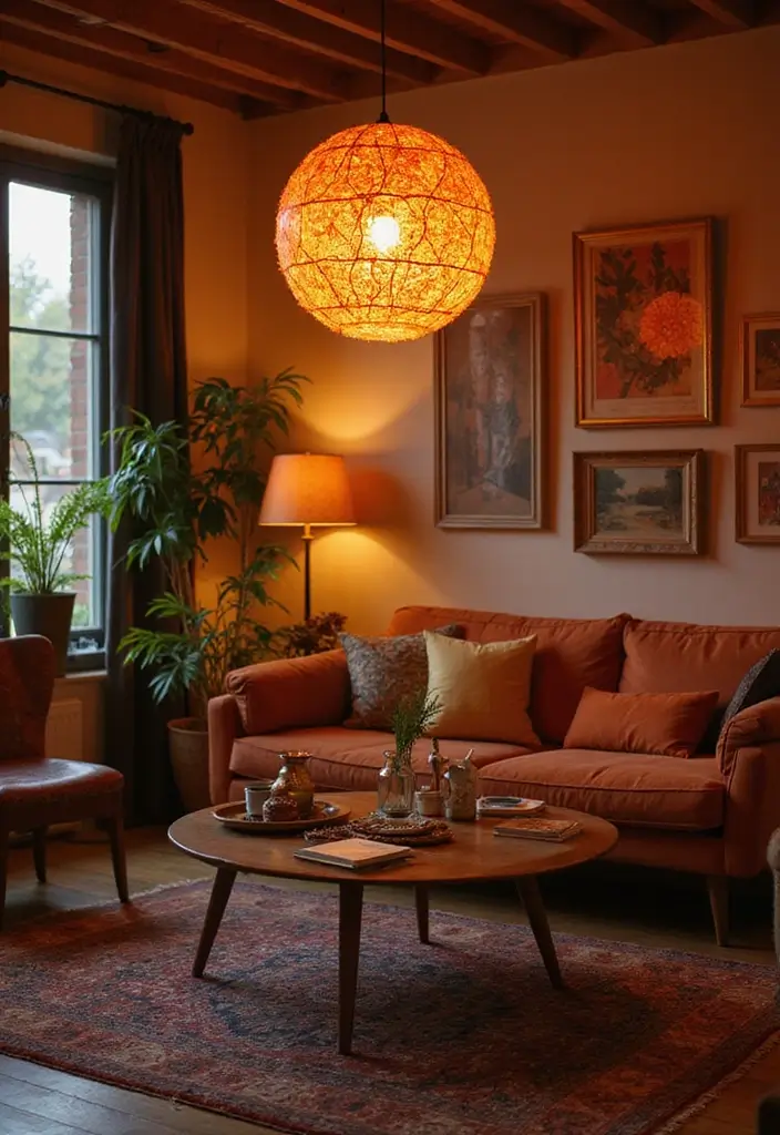 28 Living Room Orange Accents That Add Warmth and Energy - 4. Warm Lighting Fixtures