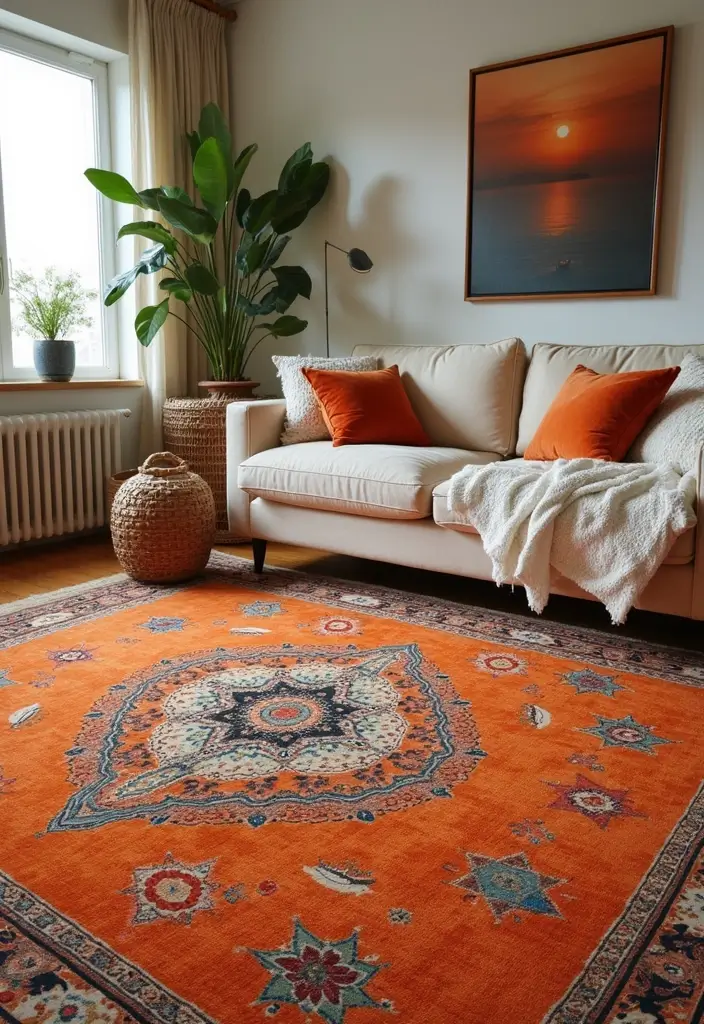 28 Living Room Orange Accents That Add Warmth and Energy - 5. Orange Area Rugs
