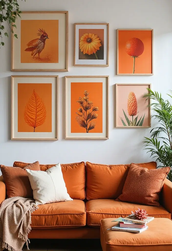 28 Living Room Orange Accents That Add Warmth and Energy - 6. Vibrant Orange Artwork