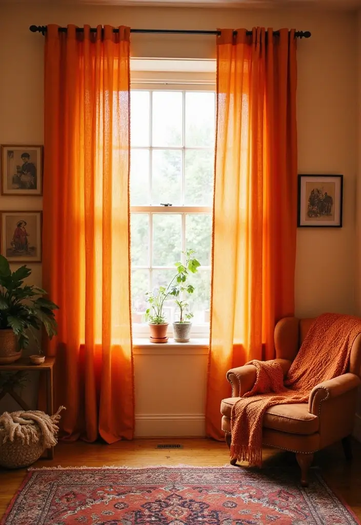 28 Living Room Orange Accents That Add Warmth and Energy - 7. Orange Curtains