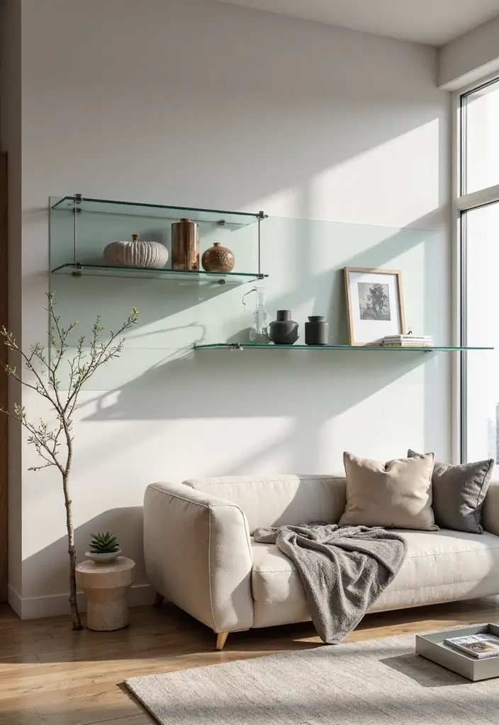 28 Living Room With Shelves Ideas That Add Storage and Charm - 11. Glass Shelves for an Open Feel
