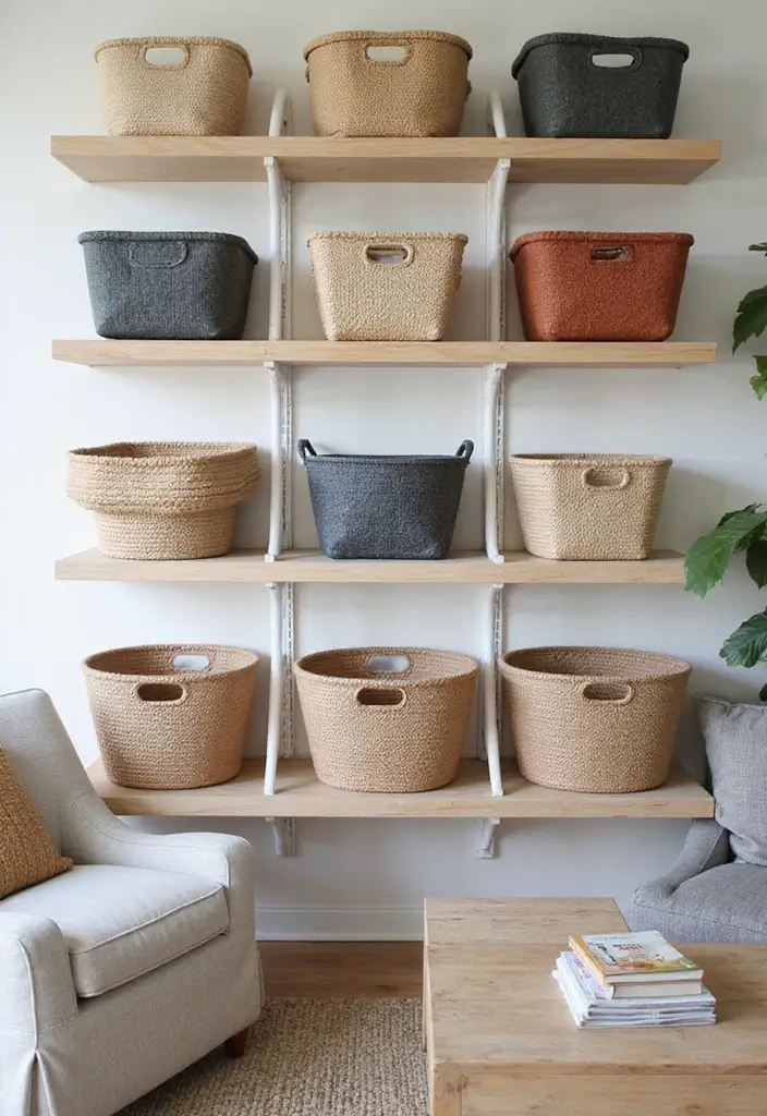 28 Living Room With Shelves Ideas That Add Storage and Charm - 12. Creative Storage Bins on Shelves