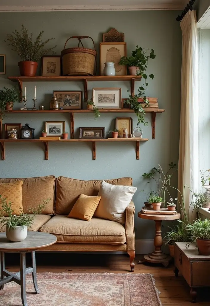 28 Living Room With Shelves Ideas That Add Storage and Charm - 13. Vintage Finds as Shelf Decor