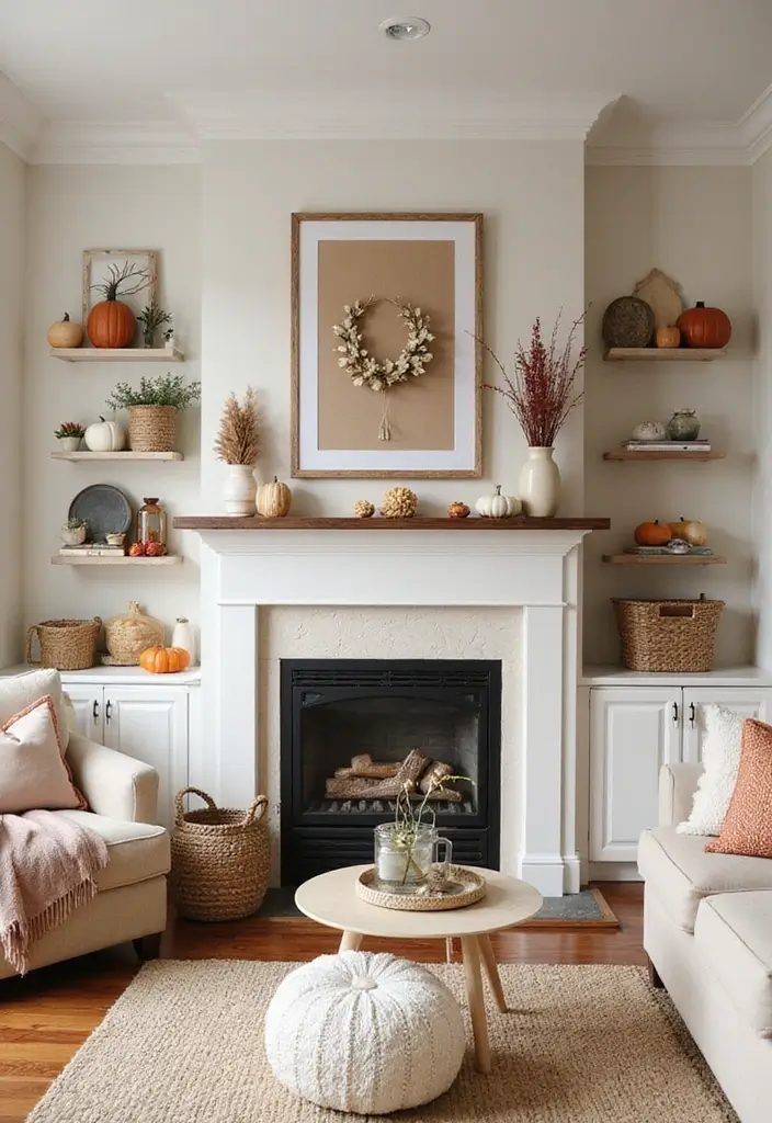 28 Living Room With Shelves Ideas That Add Storage and Charm - 15. Seasonal Decor Shelving