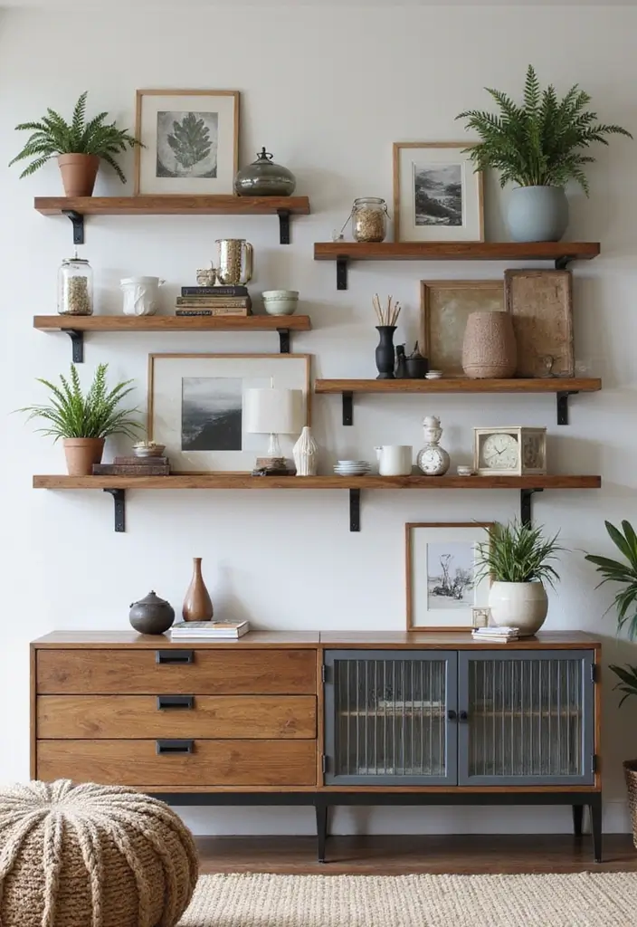 28 Living Room With Shelves Ideas That Add Storage and Charm - 17. Mixed Media Shelves