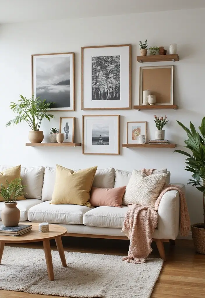 28 Living Room With Shelves Ideas That Add Storage and Charm - 18. Gallery Wall with Shelf Integration