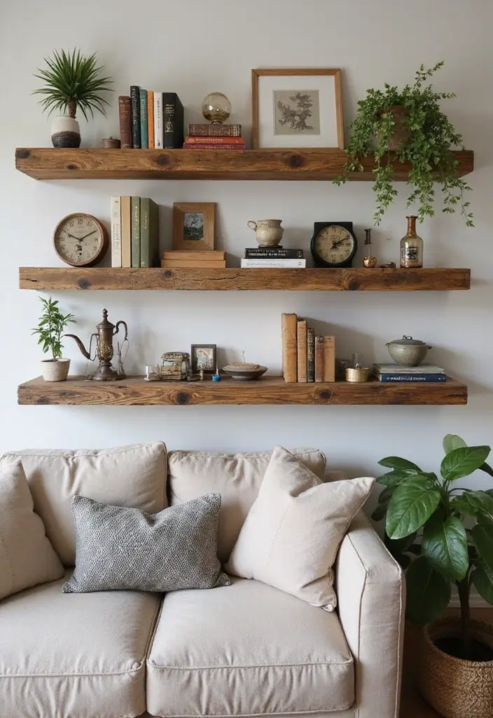 28 Living Room With Shelves Ideas That Add Storage and Charm - 2. Rustic Wooden Shelves