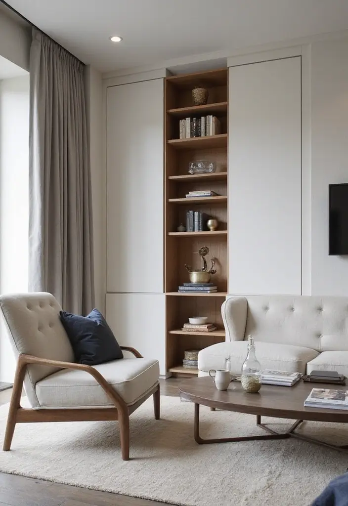 28 Living Room With Shelves Ideas That Add Storage and Charm - 21. Hidden Shelving Solutions