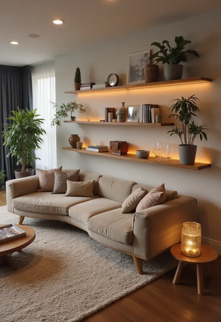 28 Living Room With Shelves Ideas That Add Storage and Charm - 22. Floating Shelves with Integrated Lighting