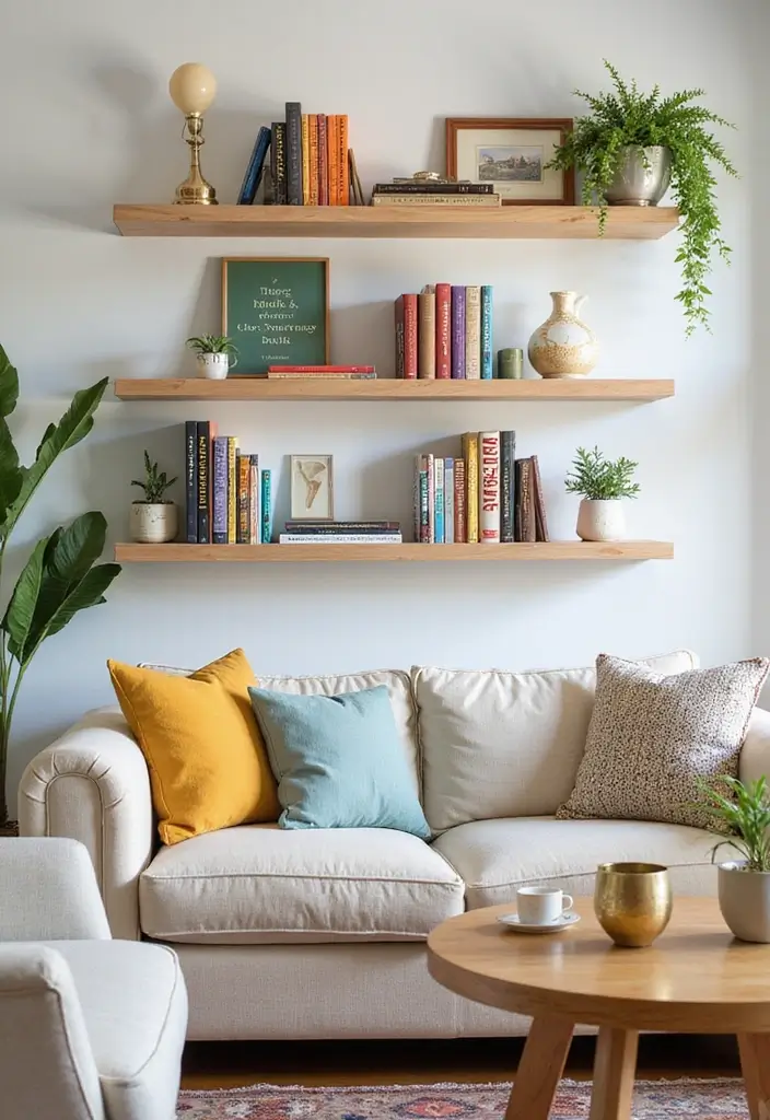28 Living Room With Shelves Ideas That Add Storage and Charm - 24. Text Bookends on Floating Shelves