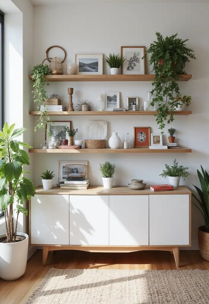 28 Living Room With Shelves Ideas That Add Storage and Charm - 25. Artful Shelf Arrangements