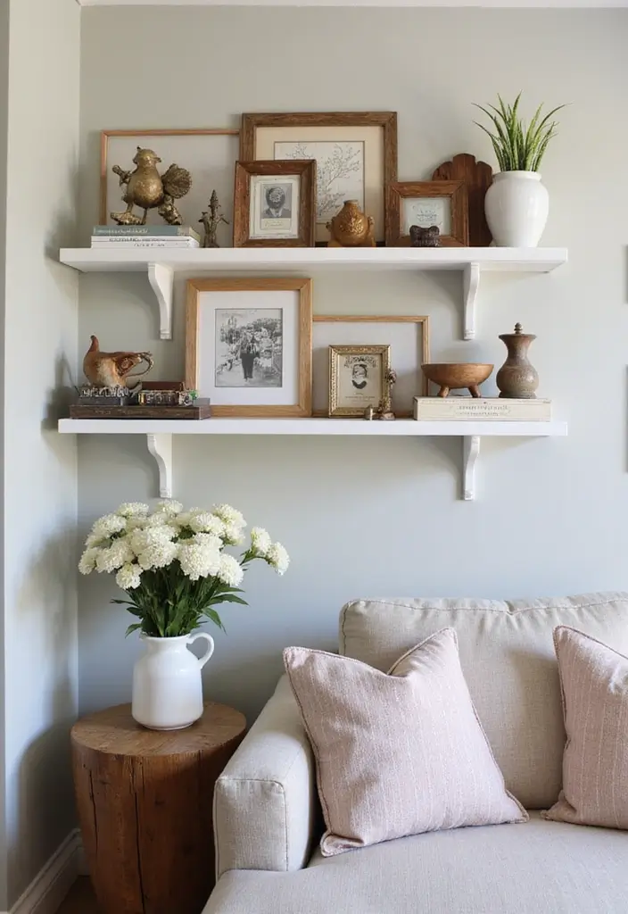 28 Living Room With Shelves Ideas That Add Storage and Charm - 26. Shelf Styling with Personal Mementos