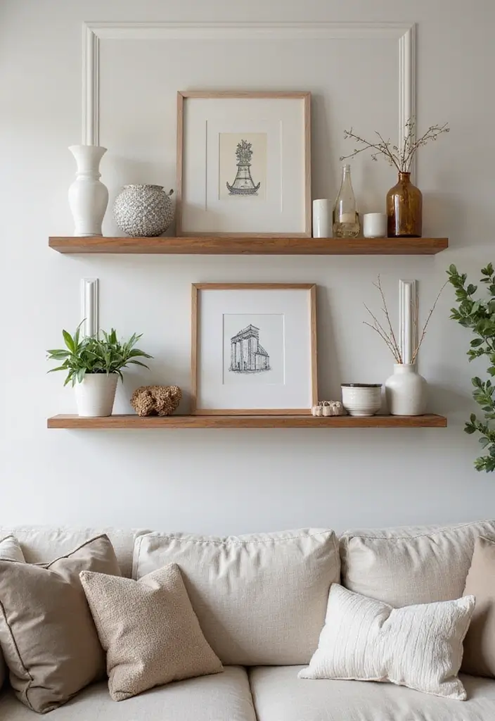 28 Living Room With Shelves Ideas That Add Storage and Charm - 27. Floating Shelves with Decorative Trim