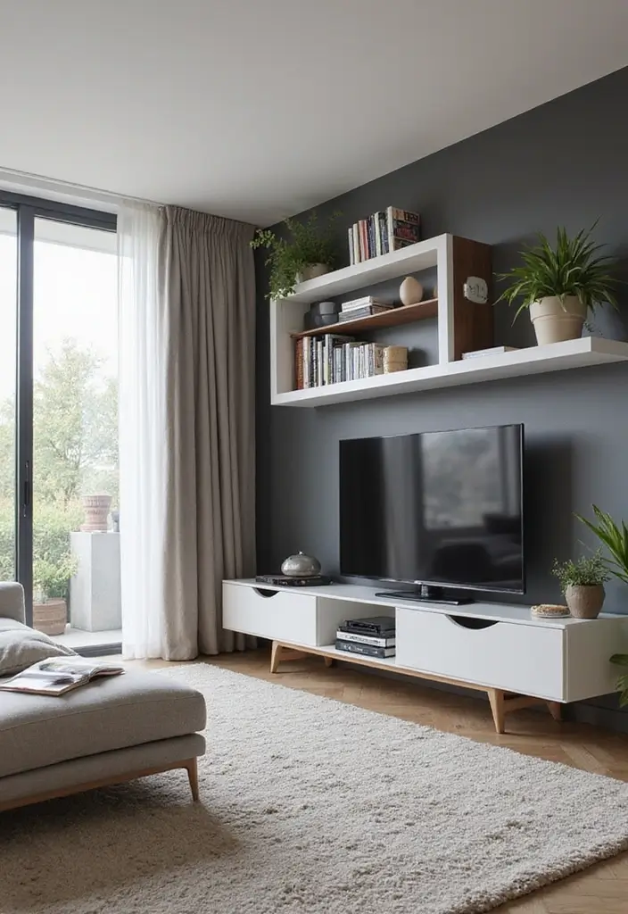 28 Living Room With Shelves Ideas That Add Storage and Charm - 28. Smart Shelving Solutions for Tech